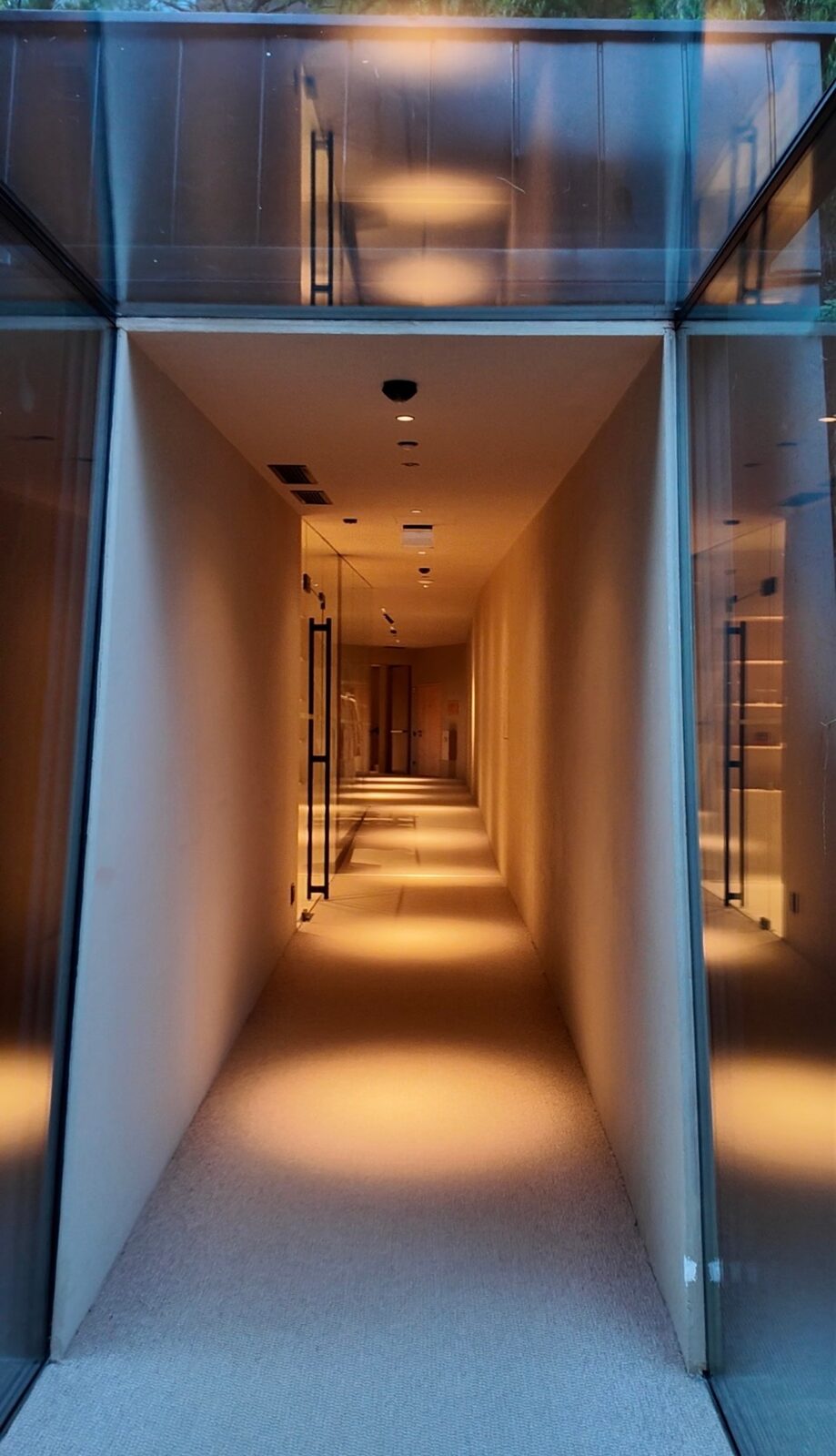 A softly lit corridor leading into the Forestis spa