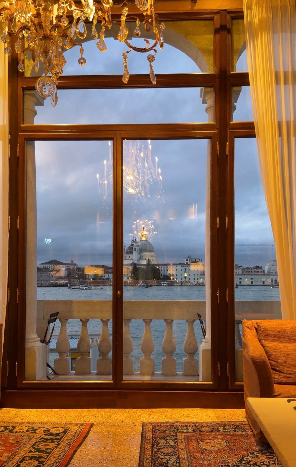 The Salute across the Giudecca Canal from the penthouse salon at Airelles Palladio, Venice