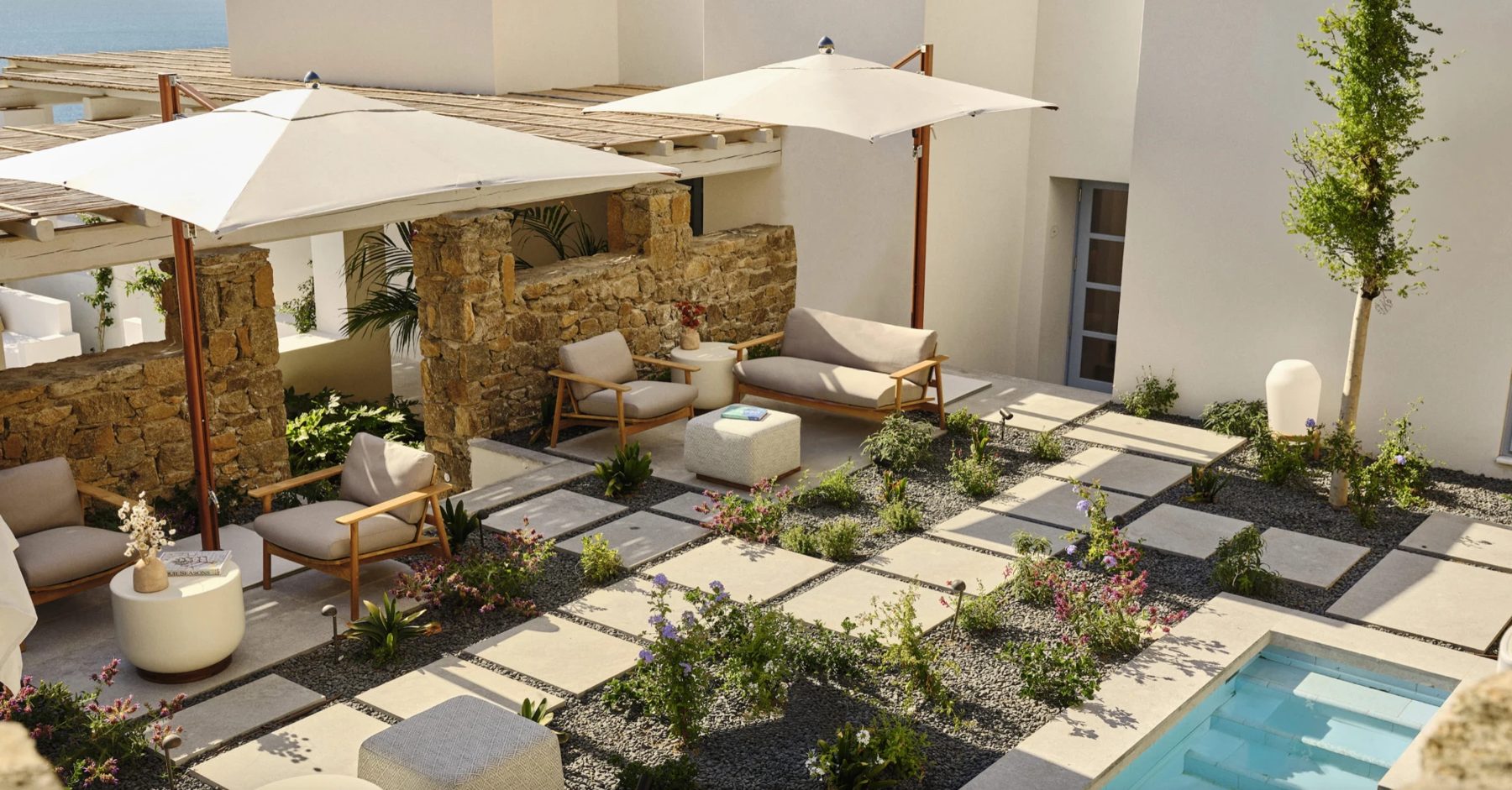 The garden lounge and pool at the spa, Four Seasons Hotel Mykonos