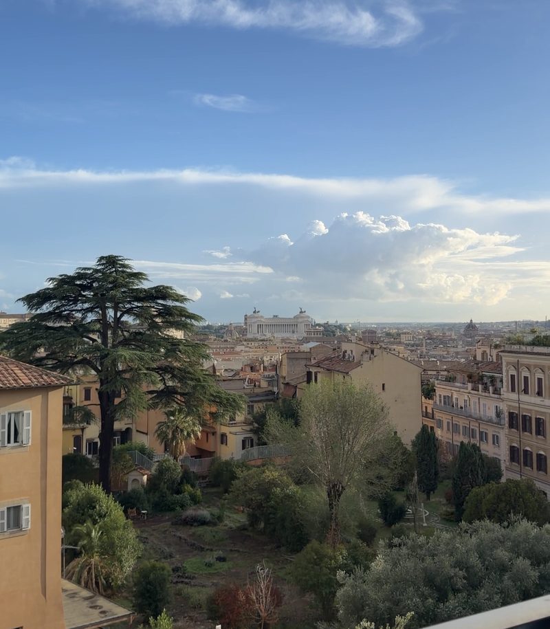 Daytime view from Hotel Eden over gardens and rooftops to the Vittoriano