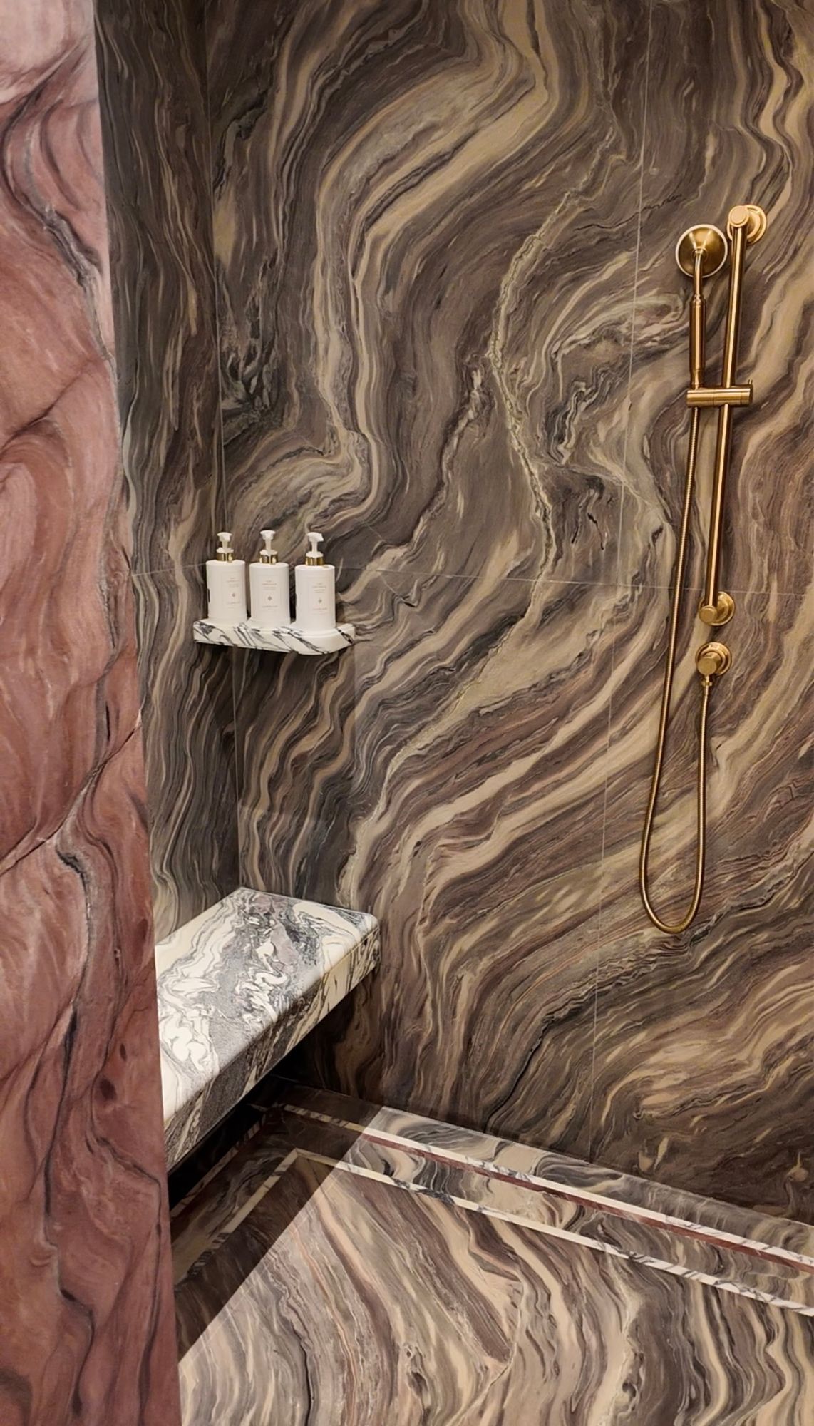 Book-matched marble in a bathroom at Orient Express Venice
