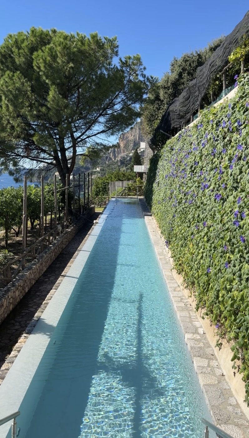 The long, narrow Casa Marchesa pool beside a wall of morning glory, with lemon groves and the coast beyond