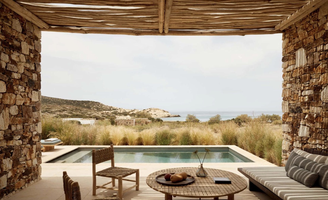 The Rooster Antiparos — stone suite and plunge pool above Livadia