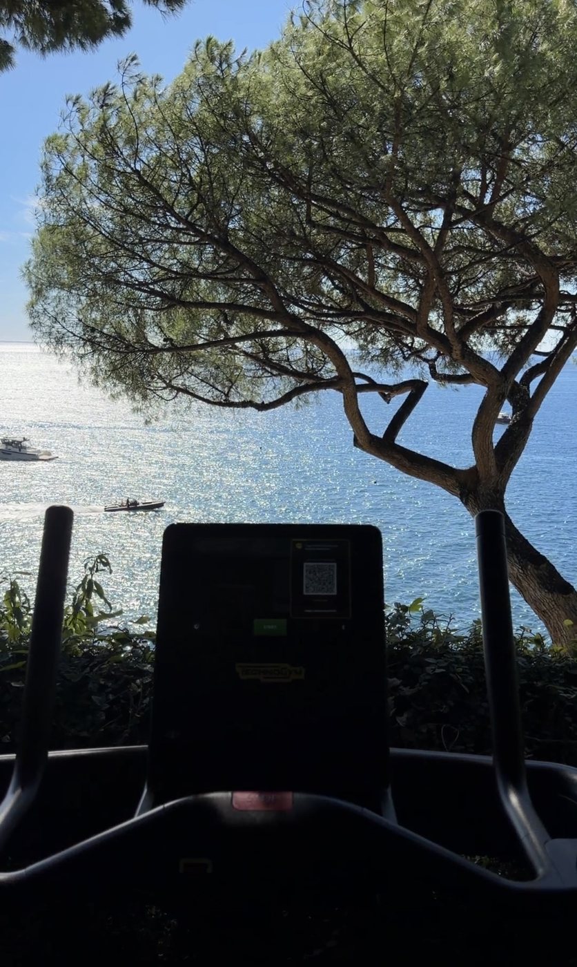 A treadmill facing an umbrella pine and the sea at Villa Treville