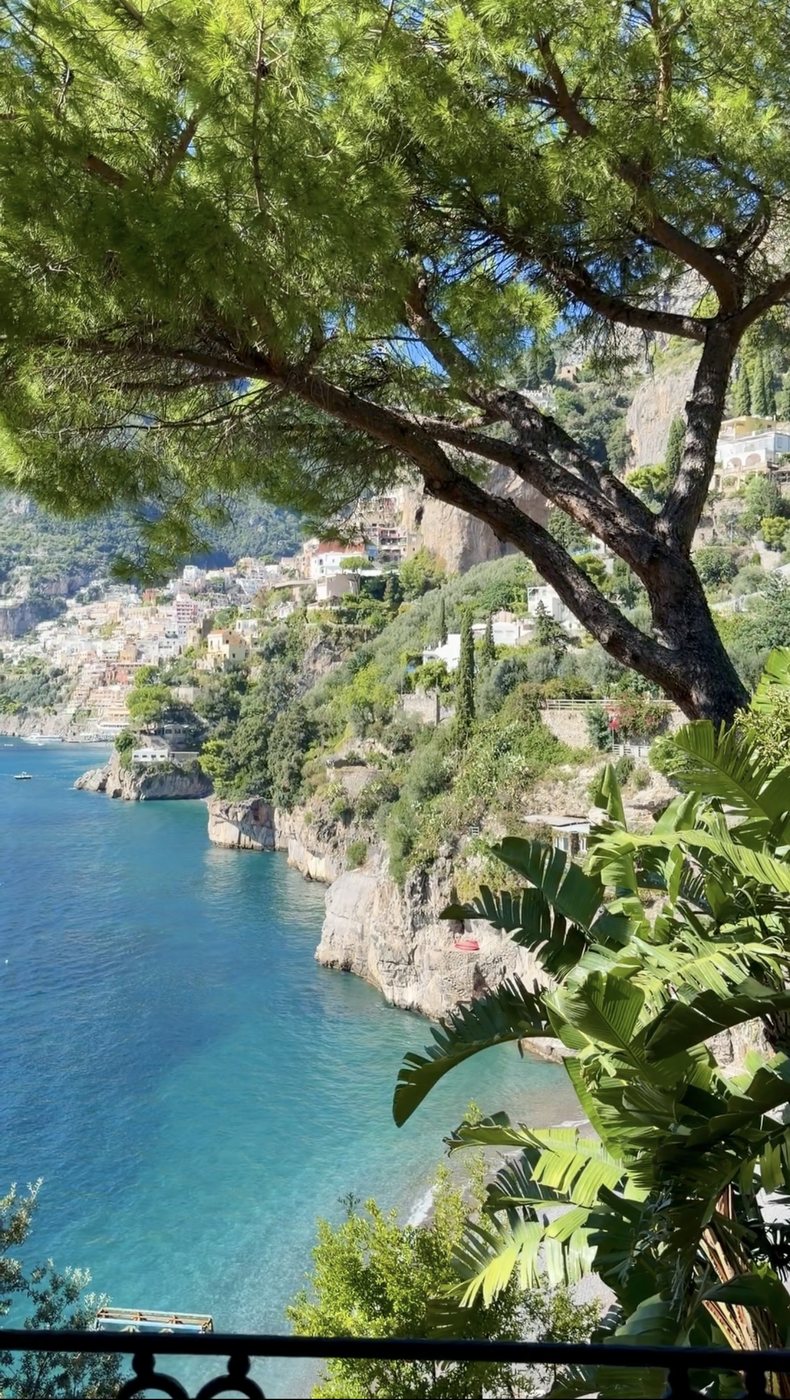 Positano across turquoise water, framed by an umbrella pine, from Villa Treville