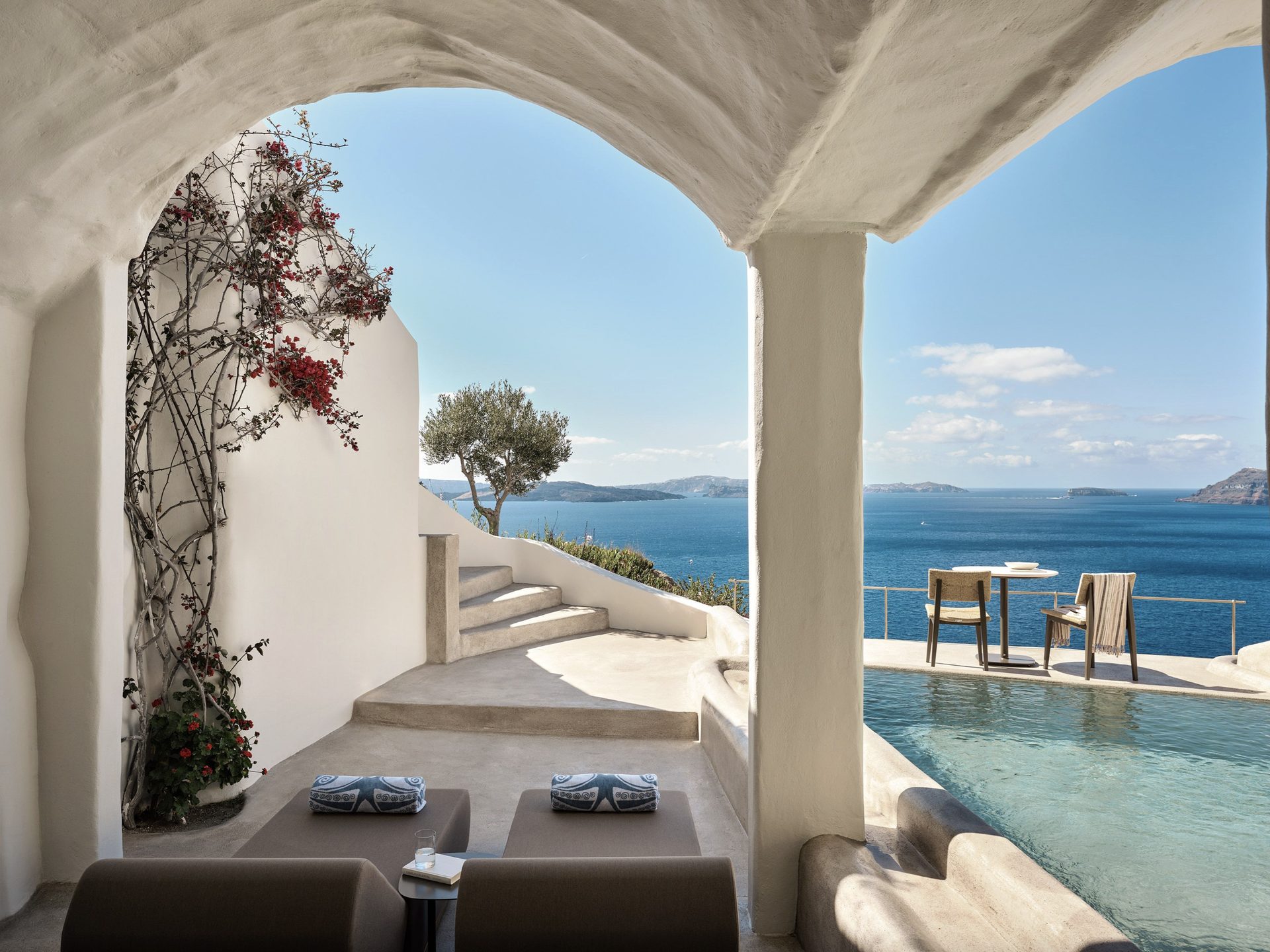 A table set overlooking the Santorini caldera