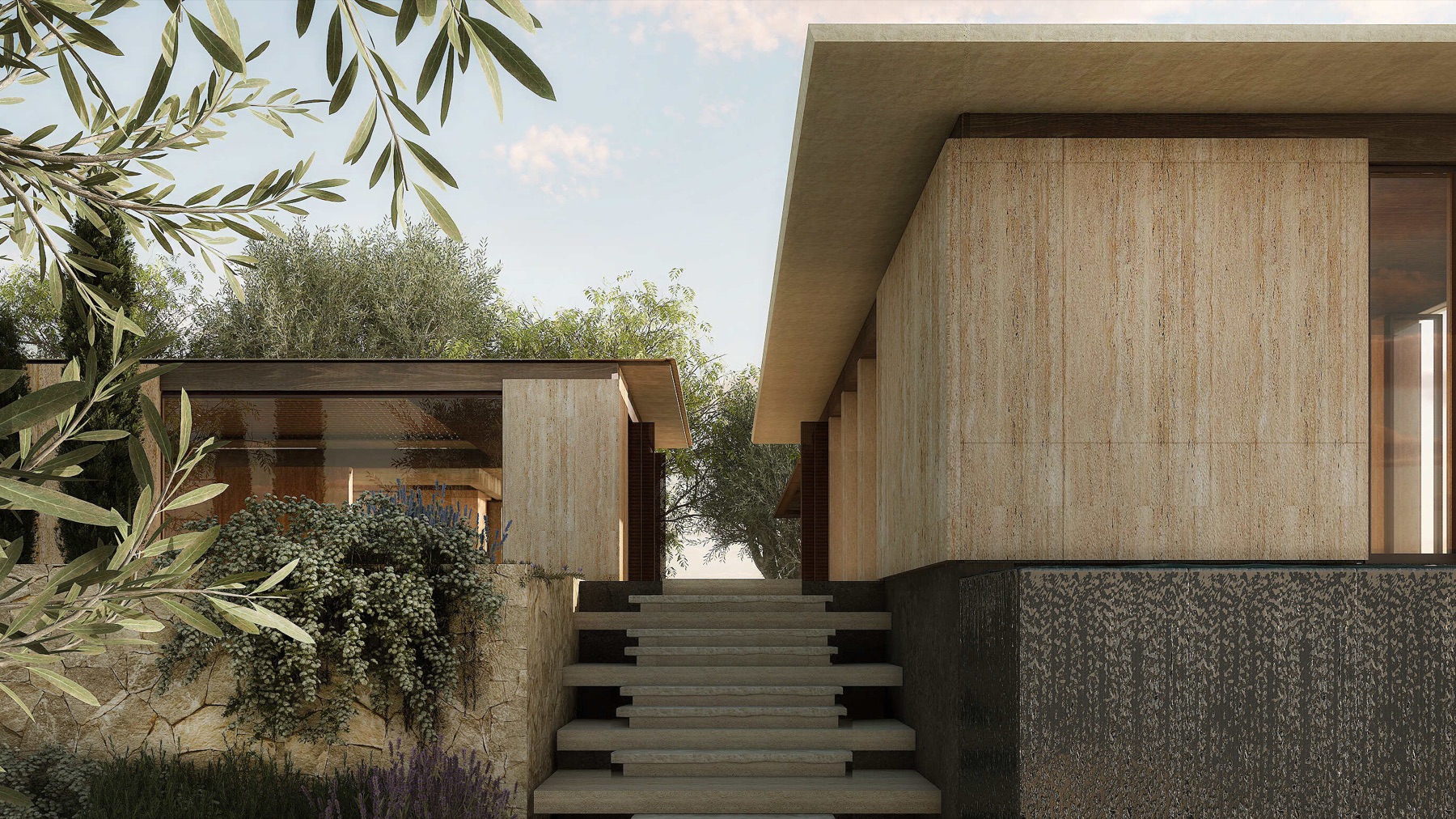 Hymnos Zakynthos — travertine pavilions among olive trees