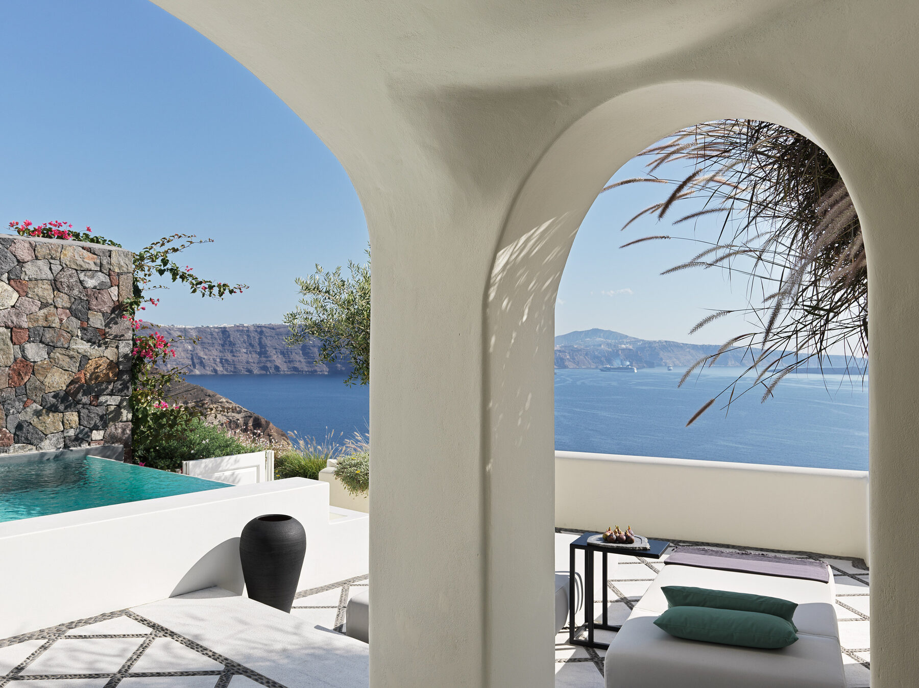 A pool terrace above the caldera on Santorini