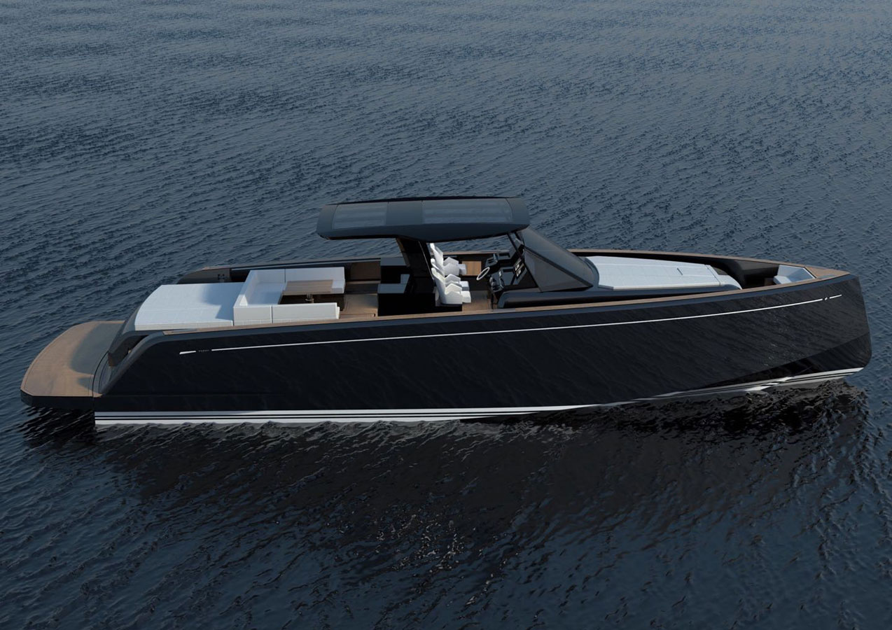 A black Pardo day boat lying at anchor on flat water, sunpads and seating laid out on deck